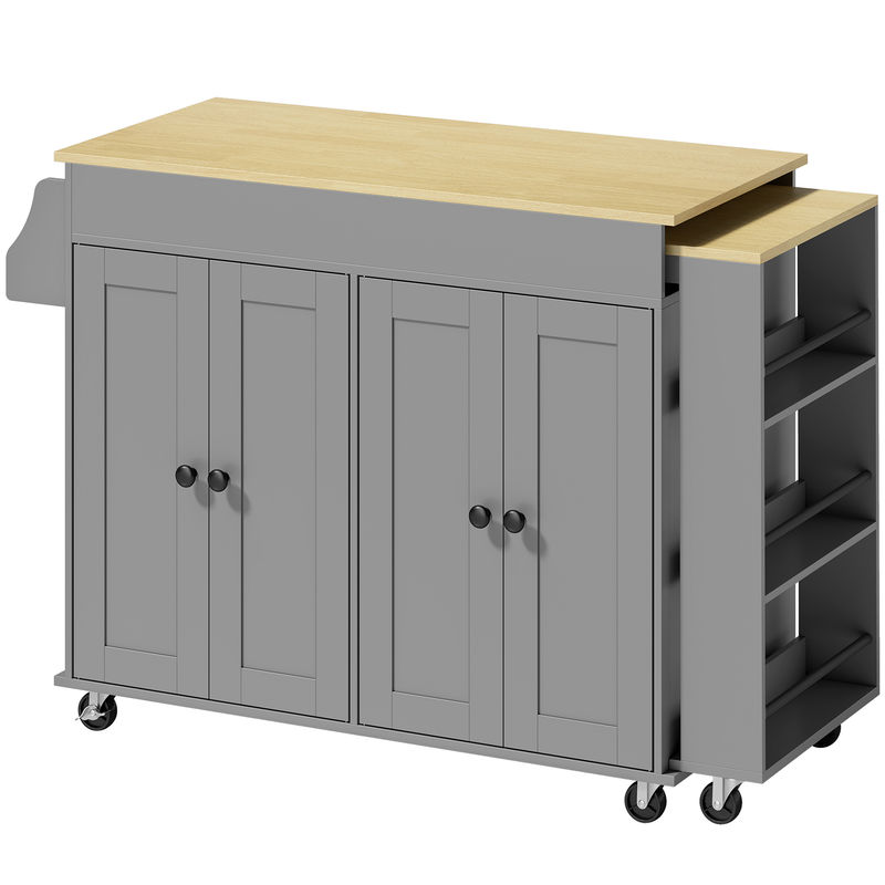 Homcom isla de cocina con ruedas, encimera extensible, carro de cocina con 4 puertas, estantes ajustables, estantería lateral abierta, especiero y soporte para toallas, para comedor, gris