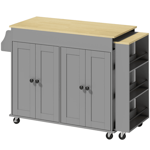 HOMCOM Ilha de Cozinha com Rodas Tampo Extensível Carrinho de Cozinha com 4 Portas Prateleiras Ajustáveis Estante Lateral Aberta Porta-Especiarias e Suporte para Toalhas para Sala de Jantar Cinza