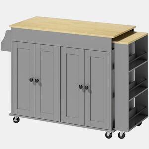 HOMCOM Ilha de Cozinha com Rodas Tampo Extensível Carrinho de Cozinha com 4 Portas Prateleiras Ajustáveis Estante Lateral Aberta Porta-Especiarias e Suporte para Toalhas para Sala de Jantar Cinza