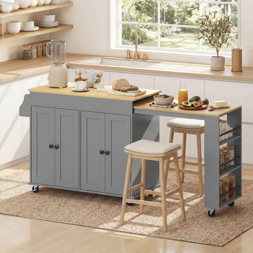 HOMCOM Ilha de Cozinha com Rodas Tampo Extensível Carrinho de Cozinha com 4 Portas Prateleiras Ajustáveis Estante Lateral Aberta Porta-Especiarias e Suporte para Toalhas para Sala de Jantar Cinza