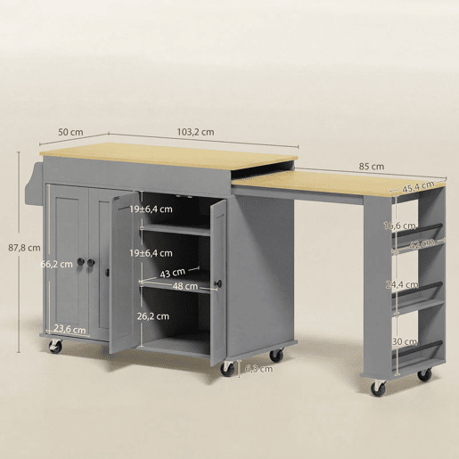 HOMCOM Ilha de Cozinha com Rodas Tampo Extensível Carrinho de Cozinha com 4 Portas Prateleiras Ajustáveis Estante Lateral Aberta Porta-Especiarias e Suporte para Toalhas para Sala de Jantar Cinza