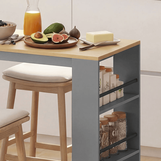 HOMCOM Ilha de Cozinha com Rodas Tampo Extensível Carrinho de Cozinha com 4 Portas Prateleiras Ajustáveis Estante Lateral Aberta Porta-Especiarias e Suporte para Toalhas para Sala de Jantar Cinza