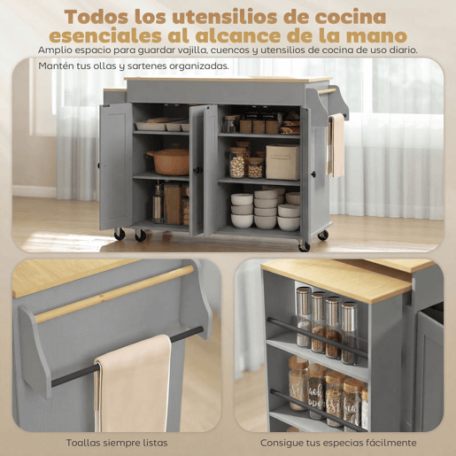 HOMCOM Ilha de Cozinha com Rodas Tampo Extensível Carrinho de Cozinha com 4 Portas Prateleiras Ajustáveis Estante Lateral Aberta Porta-Especiarias e Suporte para Toalhas para Sala de Jantar Cinza