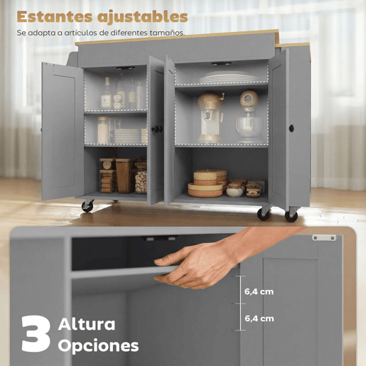 HOMCOM Ilha de Cozinha com Rodas Tampo Extensível Carrinho de Cozinha com 4 Portas Prateleiras Ajustáveis Estante Lateral Aberta Porta-Especiarias e Suporte para Toalhas para Sala de Jantar Cinza