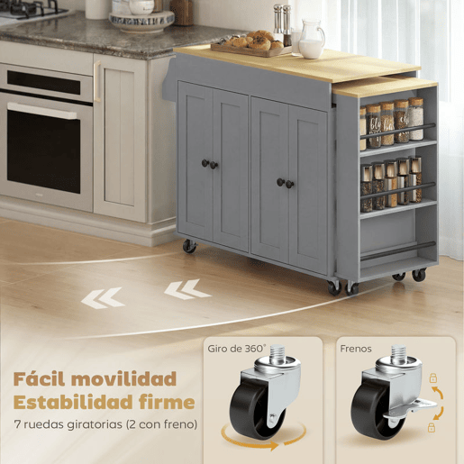 HOMCOM Ilha de Cozinha com Rodas Tampo Extensível Carrinho de Cozinha com 4 Portas Prateleiras Ajustáveis Estante Lateral Aberta Porta-Especiarias e Suporte para Toalhas para Sala de Jantar Cinza