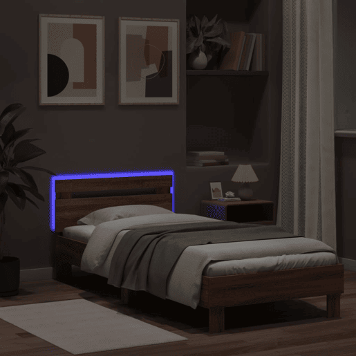 Estrutura de cama de solteiro moderno cabeceiraluzes LED 90x190 cm carvalho castanho