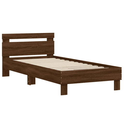 Estrutura de cama de solteiro moderno cabeceiraluzes LED 90x190 cm carvalho castanho
