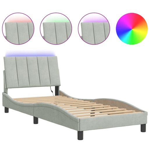 Estrutura de cama de solteiro simple com LED 90x190 cm veludo cinzento-claro