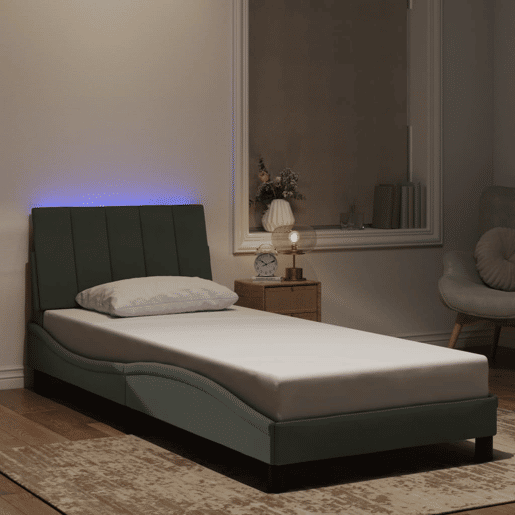 Estrutura de cama de solteiro simple com LED 90x190 cm veludo cinzento-claro