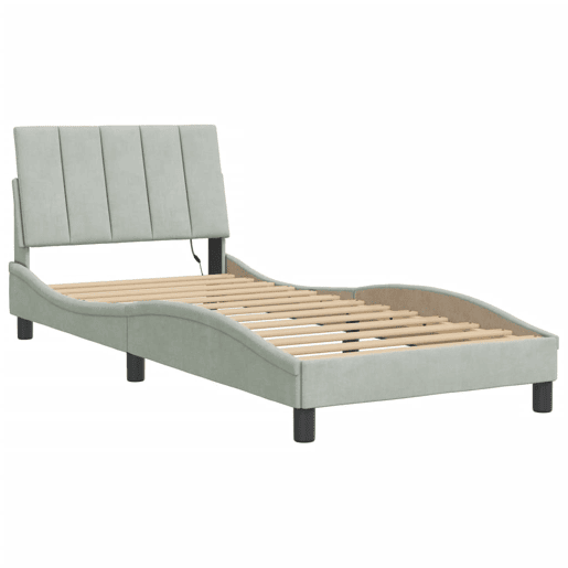 Estrutura de cama de solteiro simple com LED 90x190 cm veludo cinzento-claro