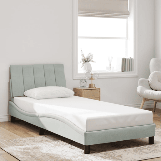 Estrutura de cama de solteiro simple com LED 90x190 cm veludo cinzento-claro
