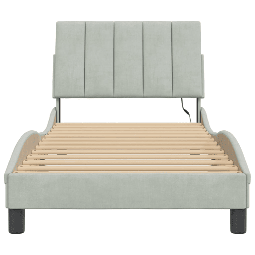 Estrutura de cama de solteiro simple com LED 90x190 cm veludo cinzento-claro