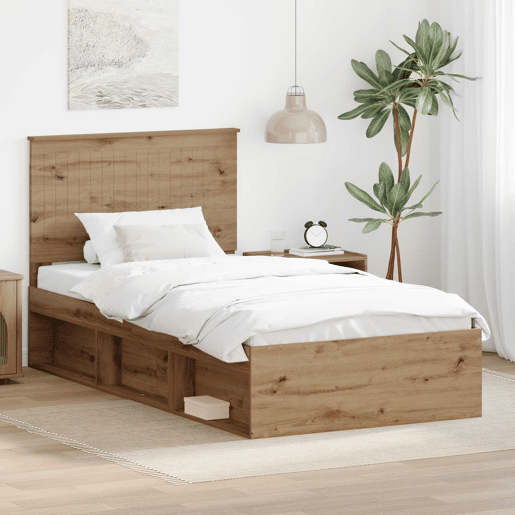 Estrutura de cama de solteiro para adultos com Cabeceira - Carvalho Artesanal 100 x 200 cm