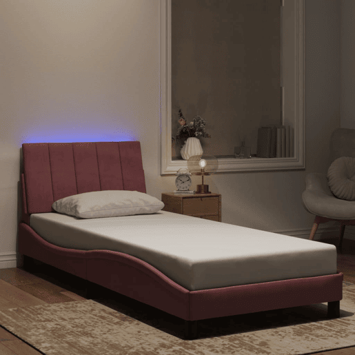 Estrutura de cama de solteiro para adultos com LED 90x190 cm veludo rosa
