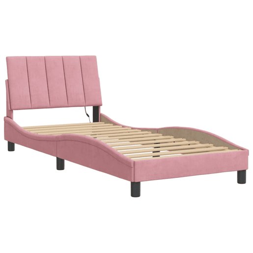 Estrutura de cama de solteiro para adultos com LED 90x190 cm veludo rosa