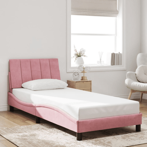 Estrutura de cama de solteiro para adultos com LED 90x190 cm veludo rosa