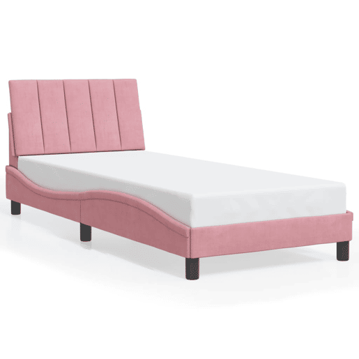 Estrutura de cama de solteiro para adultos com LED 90x190 cm veludo rosa
