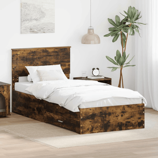 Estrutura de cama de solteiro para adultos com cabeceira Carvalho Defumado 90 x 190 cm