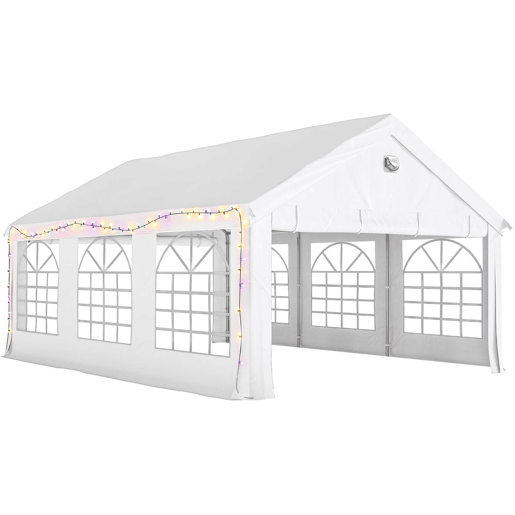 Outsunny Tenda para Festas 4x6 m com Luzes LED, Estrutura de Aço Galvanizado, Paredes Laterais Removíveis, 2 Portas com Fecho, Janelas, UPF30+, Pavilhão para Eventos, Branco