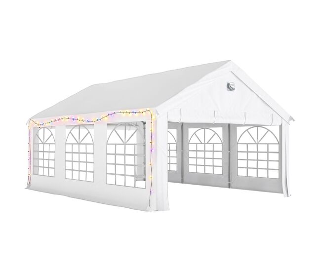 Outsunny carpa para fiesta 4x6 m con luces led, tiras, carpa de jardín con estructura acero galvanizado, paredes laterales extraíbles, 2 puertas con