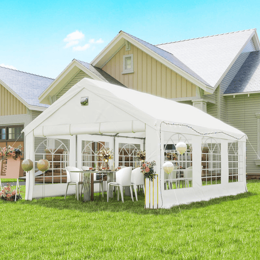 Outsunny Tenda para Festas 4x6 m com Luzes LED, Estrutura de Aço Galvanizado, Paredes Laterais Removíveis, 2 Portas com Fecho, Janelas, UPF30+, Pavilhão para Eventos, Branco