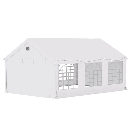 Outsunny Tenda para Festas 4x6 m com Luzes LED, Estrutura de Aço Galvanizado, Paredes Laterais Removíveis, 2 Portas com Fecho, Janelas, UPF30+, Pavilhão para Eventos, Branco