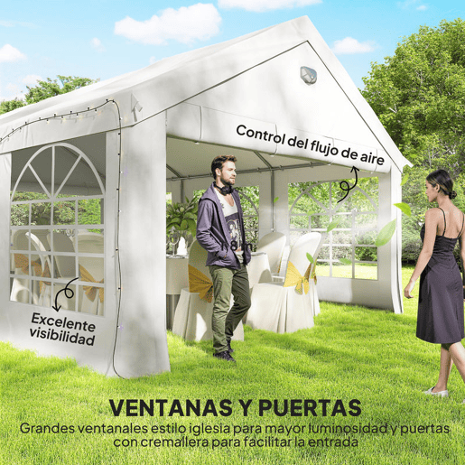 Outsunny Tenda para Festas 4x6 m com Luzes LED, Estrutura de Aço Galvanizado, Paredes Laterais Removíveis, 2 Portas com Fecho, Janelas, UPF30+, Pavilhão para Eventos, Branco