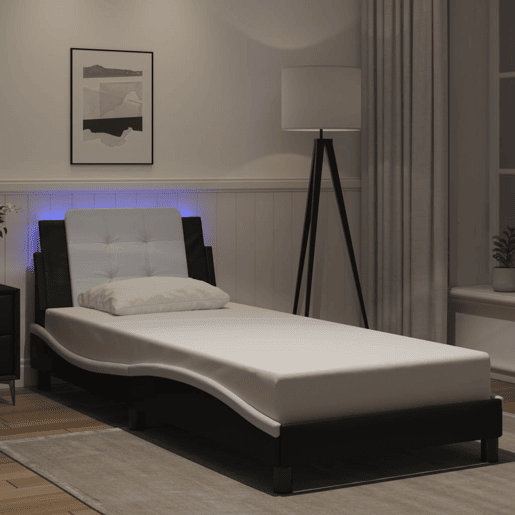 Estrutura de cama de solteiro para adultos com LED Zadar 100x200cm pretobranco