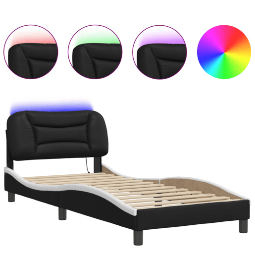 Estrutura de cama de solteiro para adultos com LED 90x190 cm pretobranco