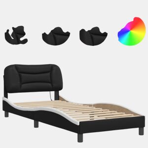 Estrutura de cama de solteiro para adultos com LED 90x190 cm pretobranco