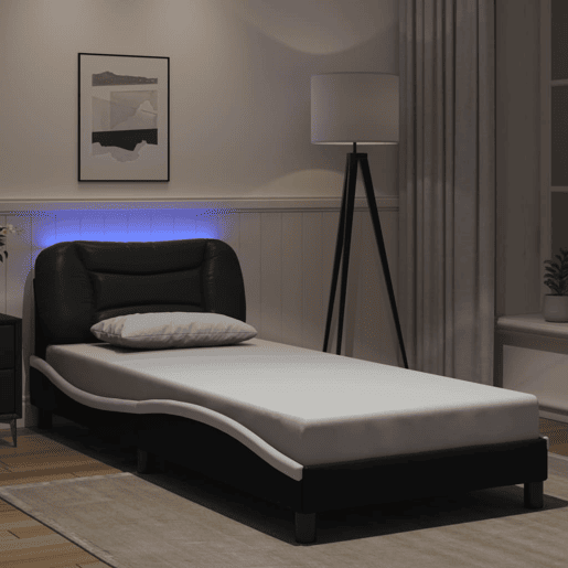 Estrutura de cama de solteiro para adultos com LED 90x190 cm pretobranco