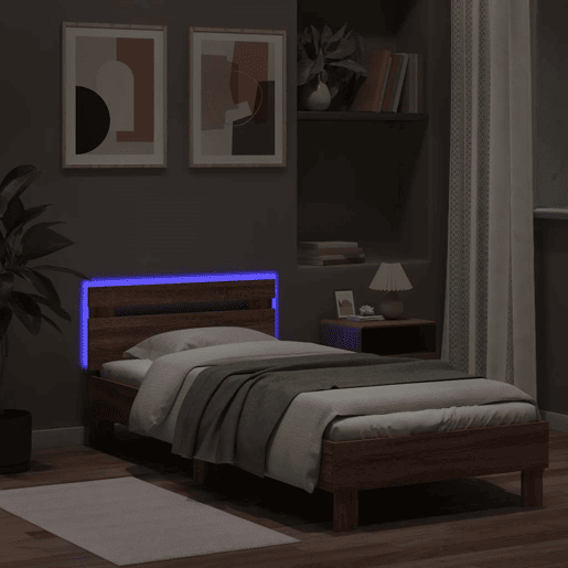 Estrutura de cama de solteiro moderno cabeceiraluzes LED 75x190 cm carvalho castanho