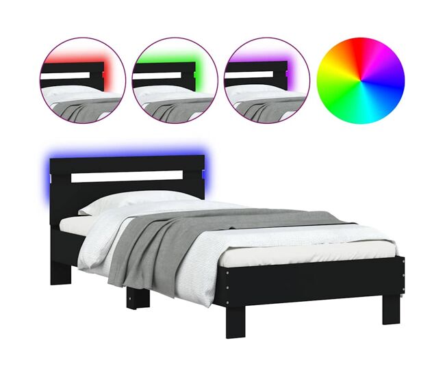 Estructura de cama individual para adultos con cabecero y luces led negro 75x190 cm