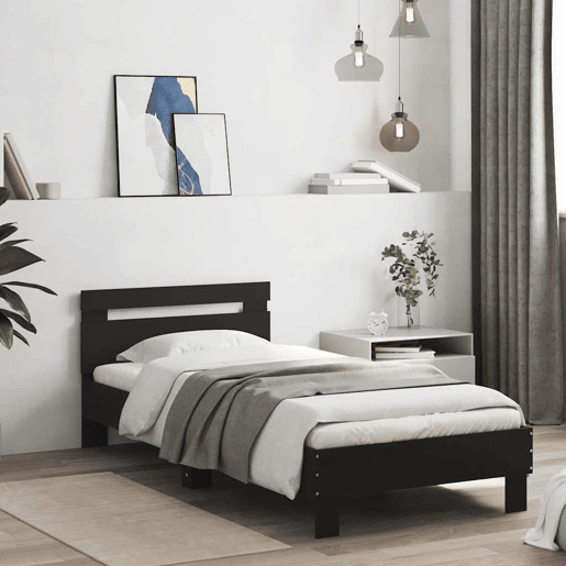 Estrutura de cama de solteiro para adultos com cabeceira e luzes LED 75x190 cm preto