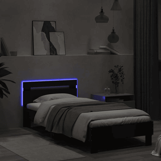 Estrutura de cama de solteiro para adultos com cabeceira e luzes LED 75x190 cm preto