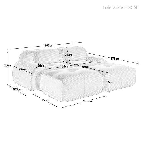 Sofá modular de 2 lugares - com chaise longue, antiderrapante, ergonómico - Cinza