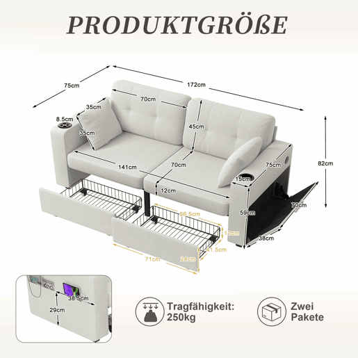 Sofá de 2 lugares - 2 gavetas de arrumação, portas USB, porta-copos e bolsos laterais - Bege