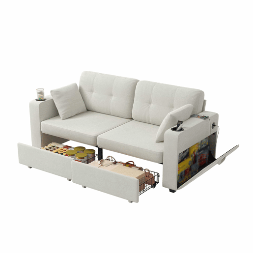 Sofá de 2 lugares - 2 gavetas de arrumação, portas USB, porta-copos e bolsos laterais - Bege