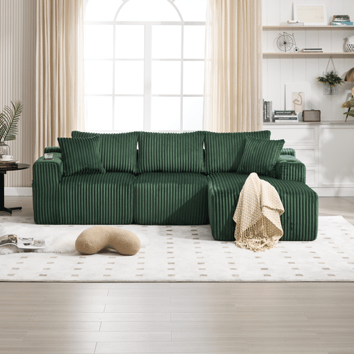 Sofá modular de 3 lugares com chaise longue - Tecido veludo cotelê macio, 5 almofadas, bolsos laterais, suporte para bebidas - Esmeralda