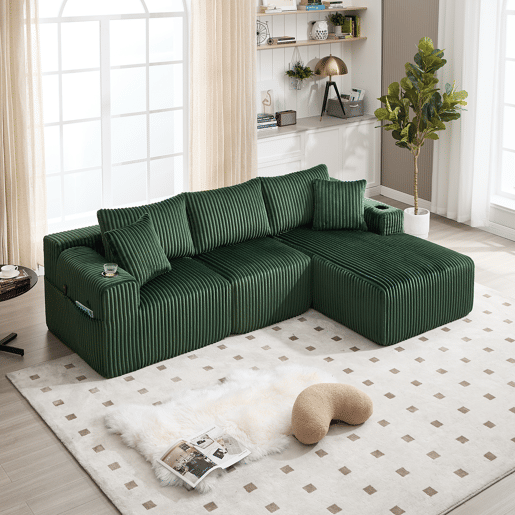 Sofá modular de 3 lugares com chaise longue - Tecido veludo cotelê macio, 5 almofadas, bolsos laterais, suporte para bebidas - Esmeralda