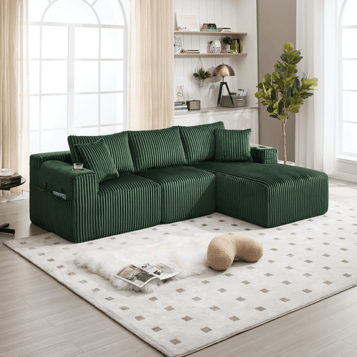 Sofá modular de 3 lugares com chaise longue - Tecido veludo cotelê macio, 5 almofadas, bolsos laterais, suporte para bebidas - Esmeralda