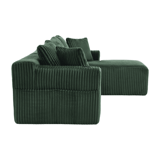 Sofá modular de 3 lugares com chaise longue - Tecido veludo cotelê macio, 5 almofadas, bolsos laterais, suporte para bebidas - Esmeralda
