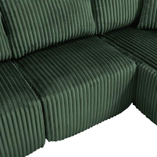Sofá modular de 3 lugares com chaise longue - Tecido veludo cotelê macio, 5 almofadas, bolsos laterais, suporte para bebidas - Esmeralda