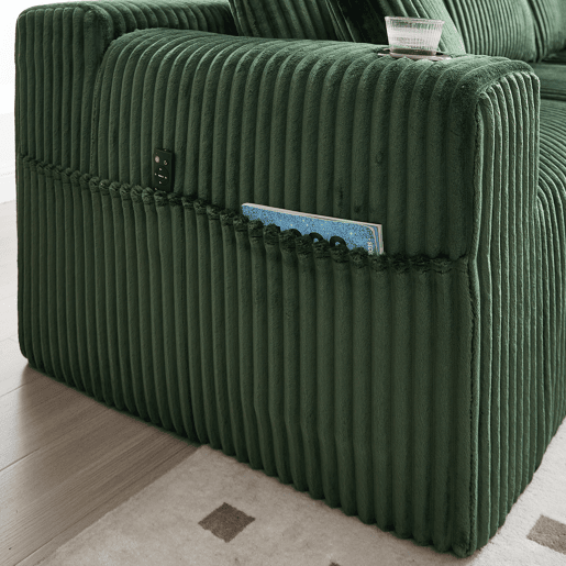 Sofá modular de 3 lugares com chaise longue - Tecido veludo cotelê macio, 5 almofadas, bolsos laterais, suporte para bebidas - Esmeralda
