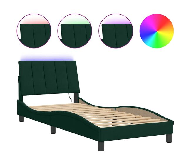 Estructura de cama individual para adultos con led terciopelo verde oscuro 90x190 cm