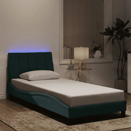 Estrutura de cama de solteiro simple com LED 90x190 cm veludo verde-escuro