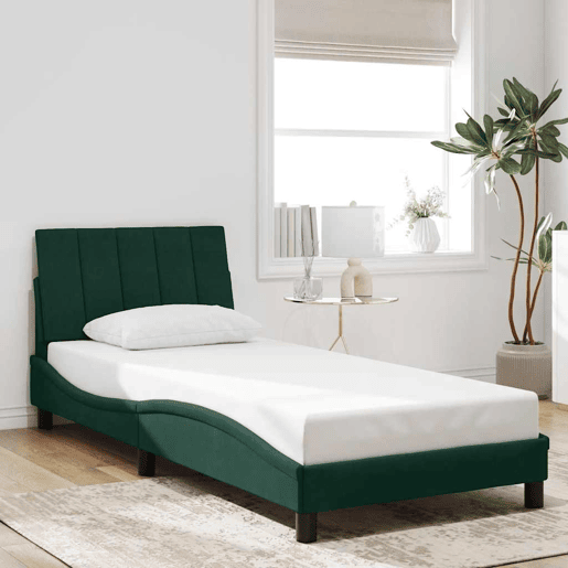 Estrutura de cama de solteiro simple com LED 90x190 cm veludo verde-escuro