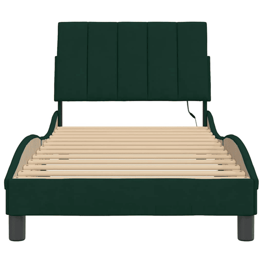Estrutura de cama de solteiro simple com LED 90x190 cm veludo verde-escuro