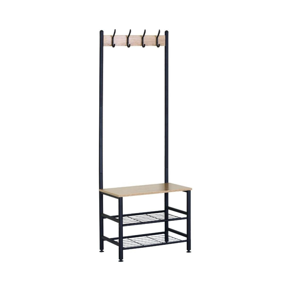 Perchero nébula 4 ganchos con dos estantes y asiento negro/natural 176x59x40 cm