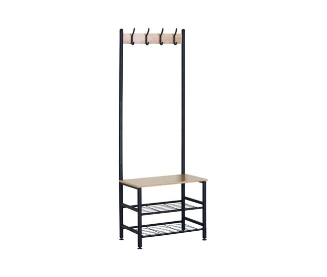 Perchero nébula 4 ganchos con dos estantes y asiento negro/natural 176x59x40 cm